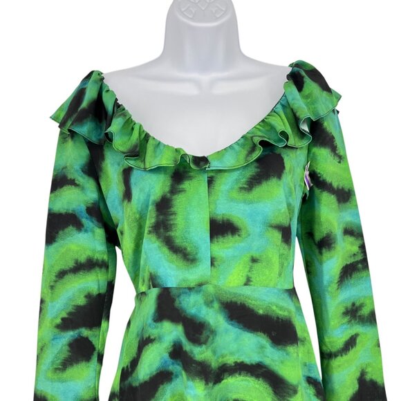Topshop Ruffle A-Line V-Neck Watercolor Bell Sleeve Mini Dress Green Size 4 NWOT - Picture 2 of 9